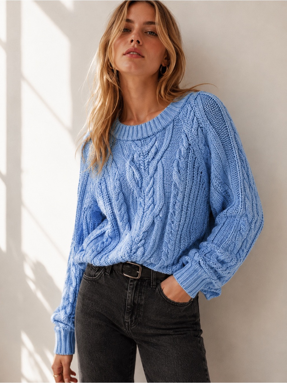 Free People Sky Blue Cable Knit 100% Cotton Sweater